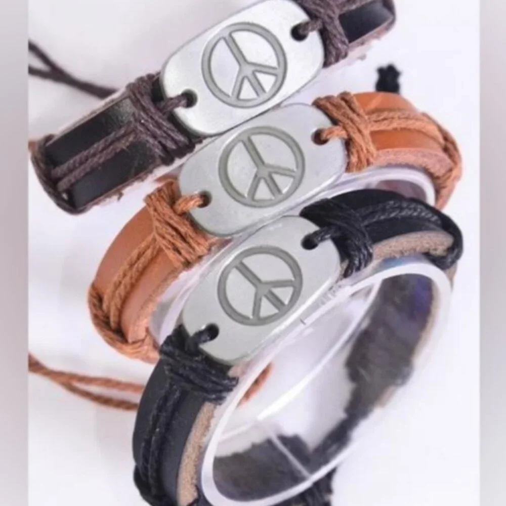 Leather Drawstring Bracelet (1) Dark Brown Peace Sign Adjustable tie close NEW